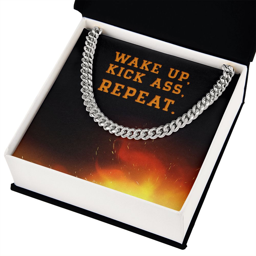 Wake Up Kick Ass Repeat Cuban Chain Necklace For Tough Guy in Your Life