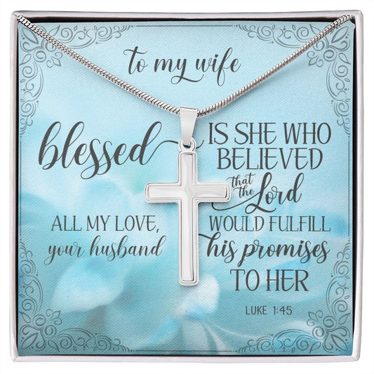 Blessed is She Who In The Lord Cross Necklace