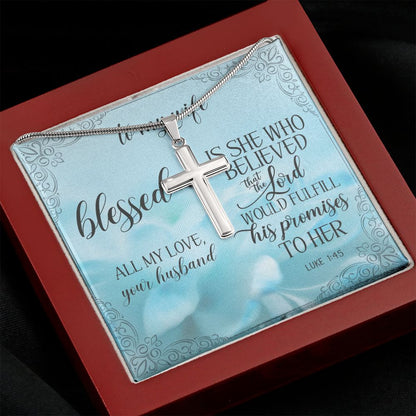 Blessed is She Who In The Lord Cross Necklace